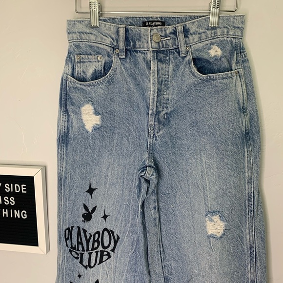 Pacsun Light Blue Distressed Wide Leg Playboy Bunny Graphic Jeans Size 25 - Picture 5 of 15